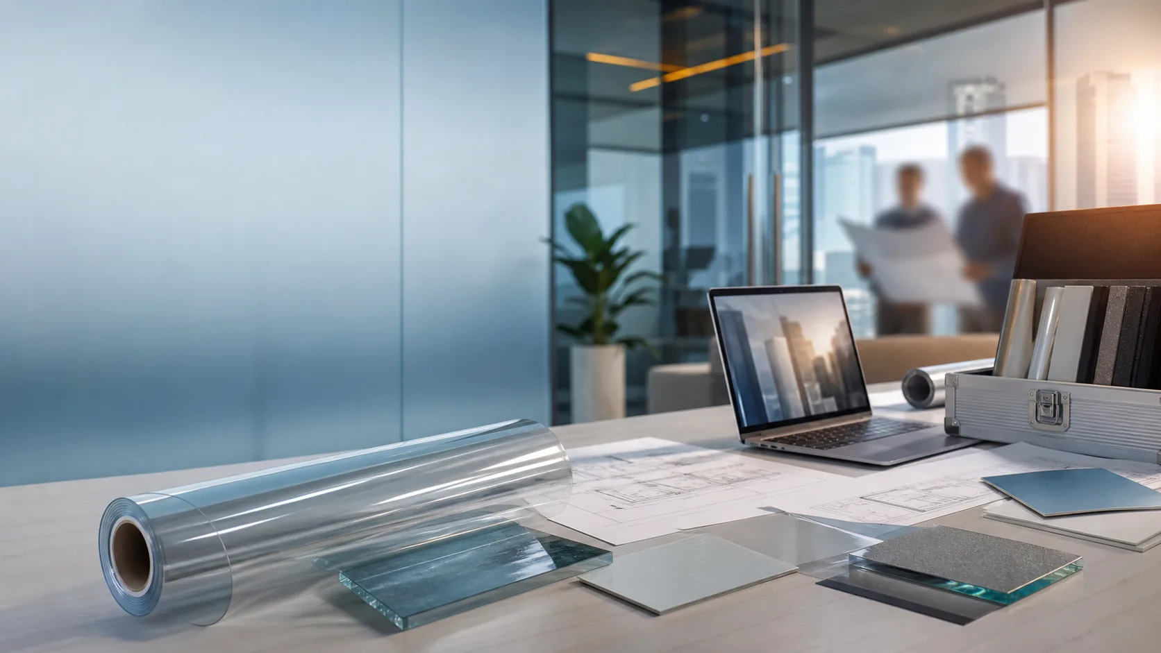 Window-film samples and project drawings in a technical consultation meeting